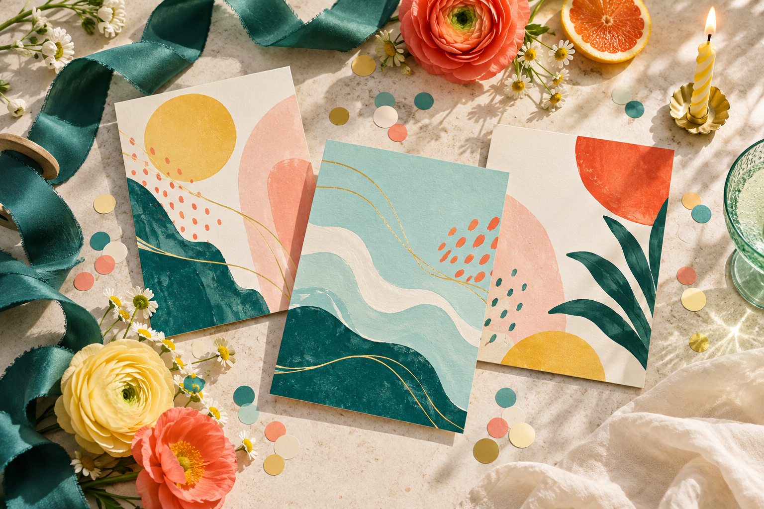 Colorful invitation cards with flowers, ribbon, and party details